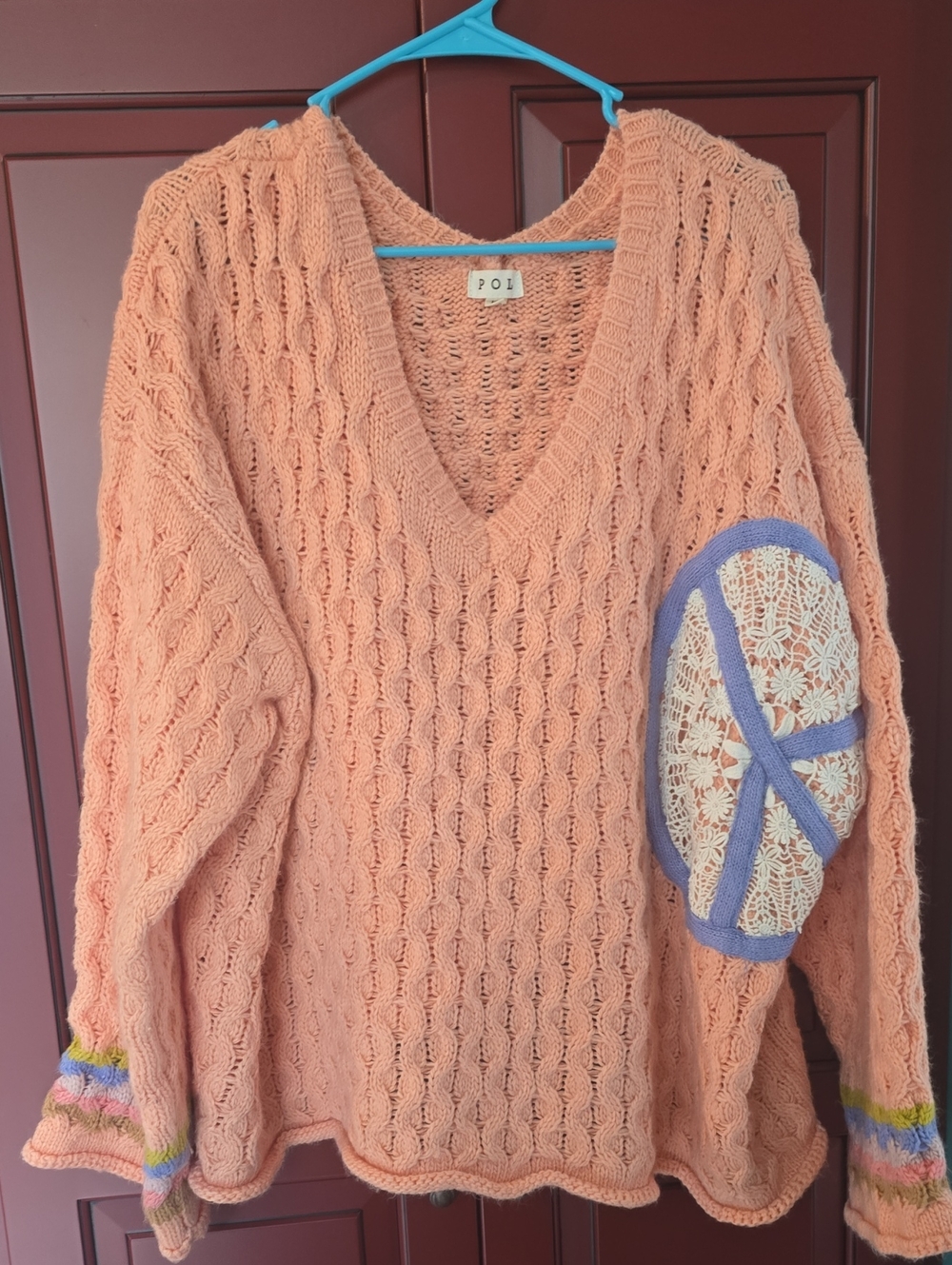 Peach Cable-Knit V-Neck Sweater with Decorative Patch POL